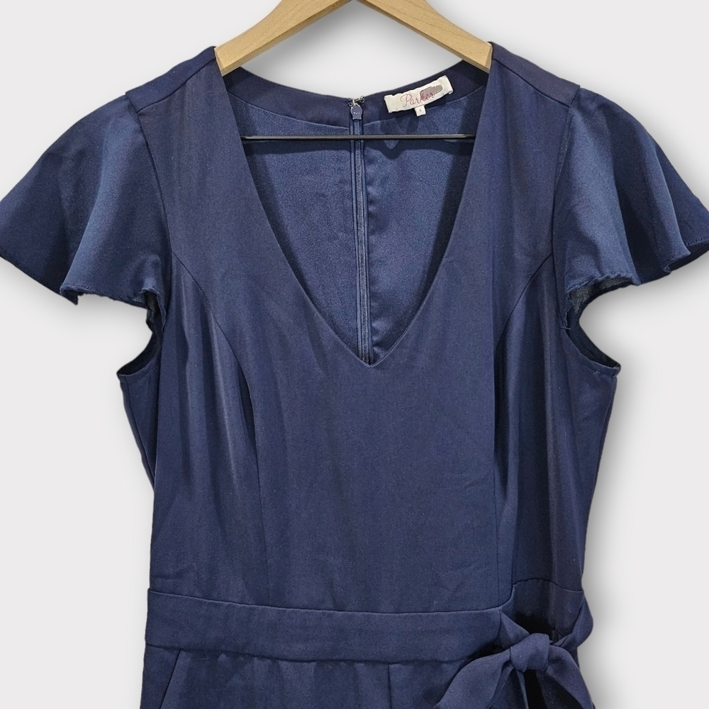 Parker Navy Catherine Romper Tie Waist Ruffle Hem Size 4 - Picture 3 of 14